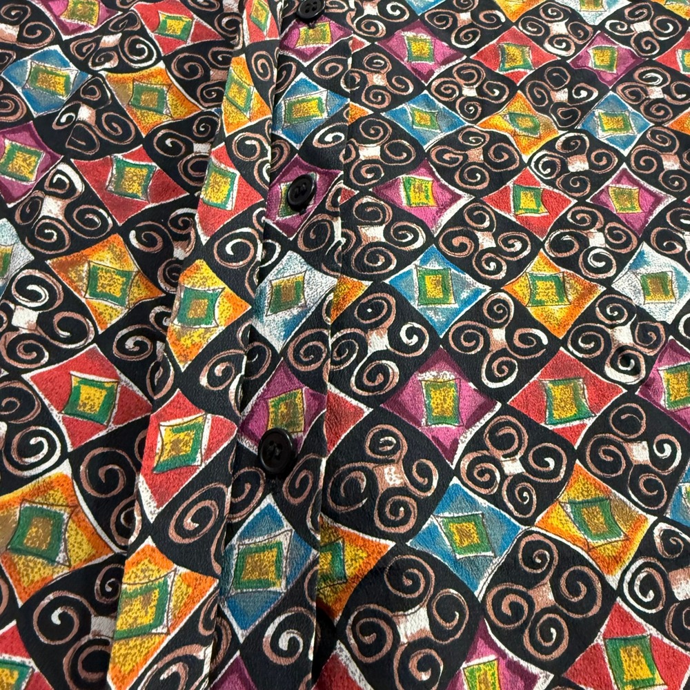 Vintage Tess M Button Up Top 100% Silk Maximalist Artsy Geometric Abstract 90s - Picture 3 of 10